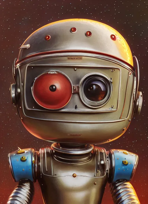 Prompt: highly detailed closeup, face profile portrait of a retro 1 9 5 0 s tin toy robot spacegirl wearing a bikini, unreal engine, nicoletta ceccoli, mark ryden, earl norem, lostfish, global illumination, detailed and intricate environment