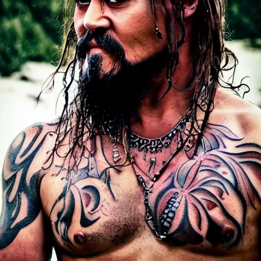 Image similar to portrait of johnny depp as khal drogo from games of thrones, mascular, broad shoulder, long beard with locks, very long straight hair, tattooed body, six packs, symmetrical, nikon 3 5 mm photography, ultrarealistic