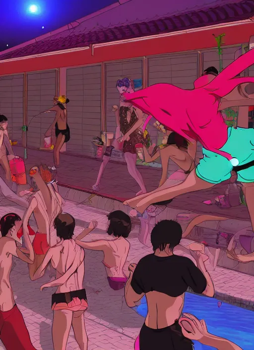 Prompt: pool party late at night with funky music people dancing in anime akira style, 8 k, hd