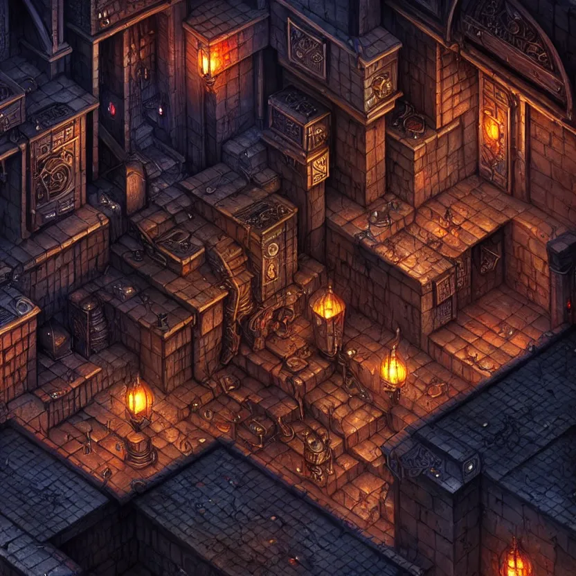 Image similar to closeup on the isometric game area of a dark city from baldur's gate, game art, intricate details, ultra realistic, by art germ, by gerald brom, fantasypunk, amazing d & d art, trending cgsociety, artstation, sharp