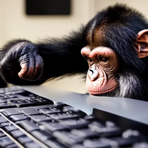 Prompt: a chimp sitting at a computer smashing his fists on the keyboard, 4k