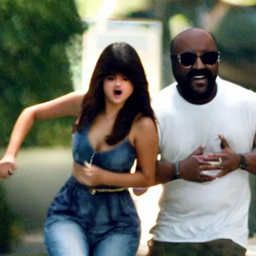 Image similar to high quality movie still of selena gomez being chased by ghostface in scream 6