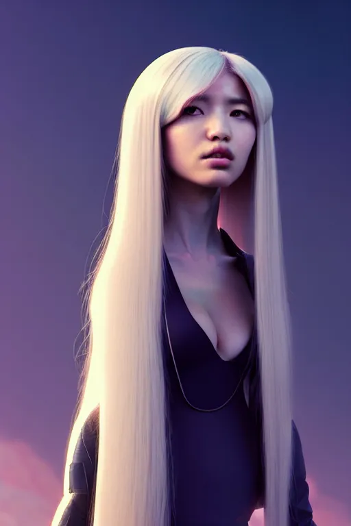 Image similar to upright and straight girl, bae suzy, scifi, futuristic design, full body model, long white hair, character design, cinematic lighting, highly detailed, by beeple, goro fujita, smooth gradient.