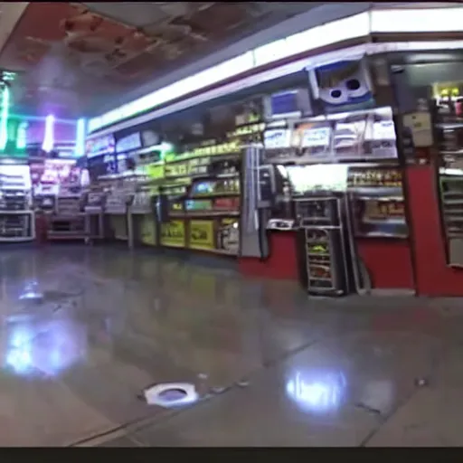 Image similar to cctv footage of a lightsaber fight inside a deli, security cam footage