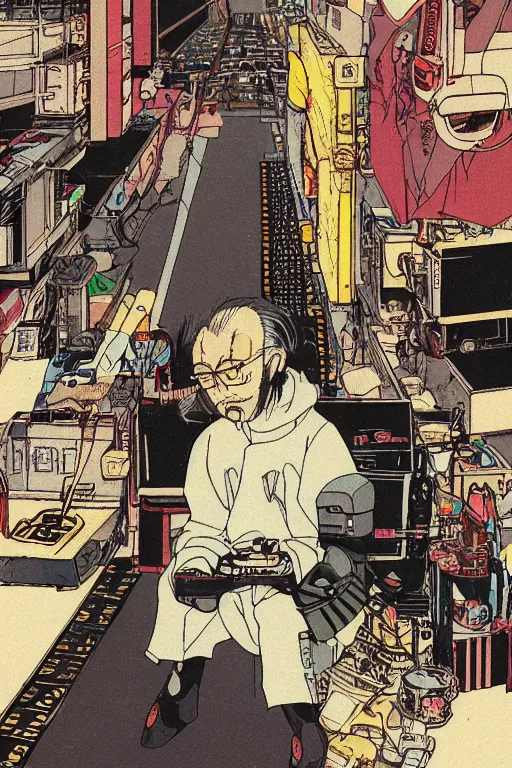 Prompt: awe-inspiring 1980s Japanese cyberpunk style illustration of a grandfather with a beard sitting on the floor by Masamune Shiro and Katsuhiro Otomo, studio ghibli color scheme, dark, complex