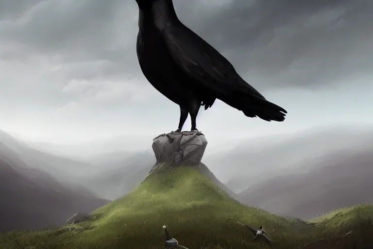 Image similar to gigantic crow standing on top of a hill looking down, cloudy sky in the background, digital painting, epic, pokemon style, earth type pokemon, smooth, trending on artstation, professional painting, made by greg rutkowski
