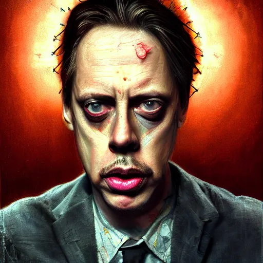 Image similar to hyperrealistic mixed media high resolution painting of Steve Buscemi Hellraiser, stunning 3d render inspired art by Jamie Salmon and Greg Rutkowski, perfect facial symmetry, dim volumetric lighting, 8k octane beautifully detailed render, full body shot, post-processing, extremely hyper-detailed, intricate, epic composition, highly detailed attributes, highly detailed atmosphere, cinematic lighting, masterpiece, trending on artstation, very very detailed, masterpiece, stunning, flawless completion, lifelike texture, perfection,