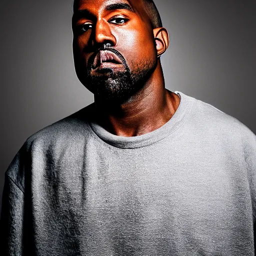 Prompt: the face of kanye west wearing yeezy clothing at 4 0 years old, portrait by julia cameron, chiaroscuro lighting, shallow depth of field, 8 0 mm, f 1. 8