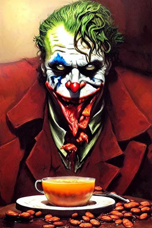 Prompt: the joker eating baked beans and eggs, insane face, high detail, grotesque, portrait dnd, painting by gaston bussiere, craig mullins, greg rutkowski, yoji shinkawa