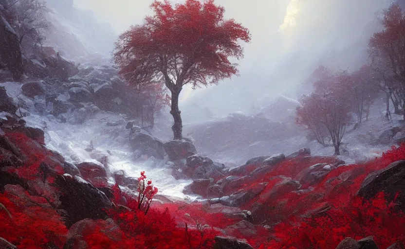 Prompt: A beautiful oil painting of a rocky valley covered in snow, trees with red leaves, thunderstorm in the sky, blue lighting, gloomy, atmospheric lighting, detailed, by greg rutkowski, trending on artstation
