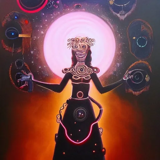 Image similar to afrofuturistic techno mage, dark fantasy, occult, high quality surrealist painting