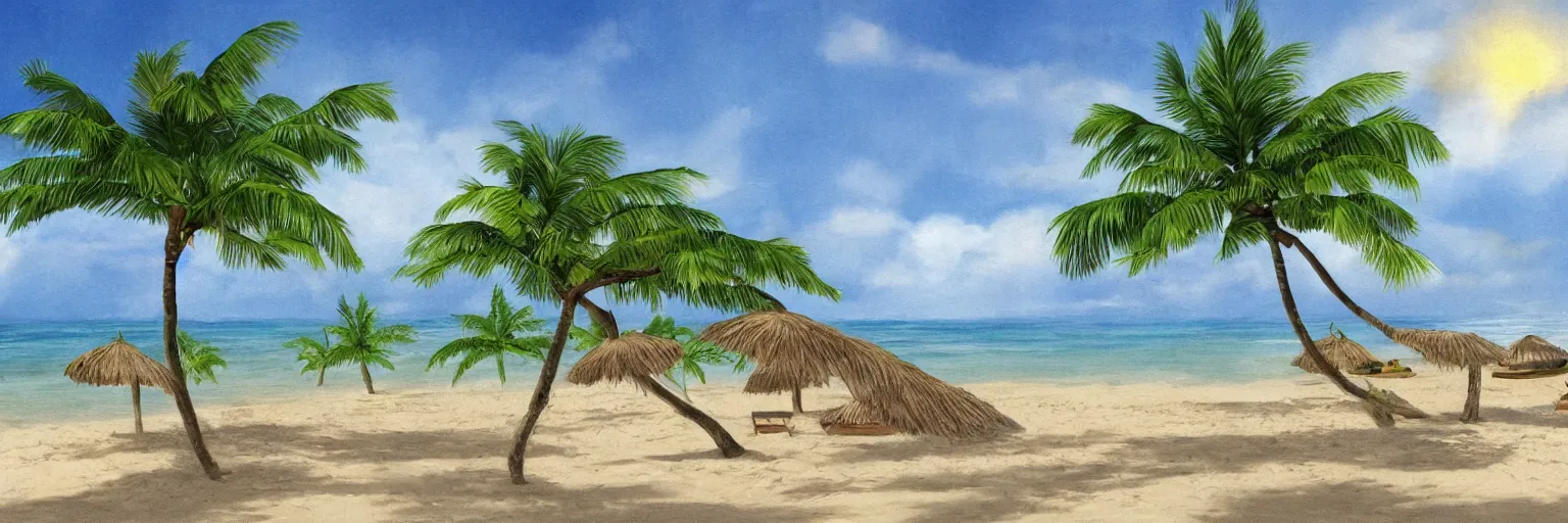 Prompt: Rendering of a tropical beach scene