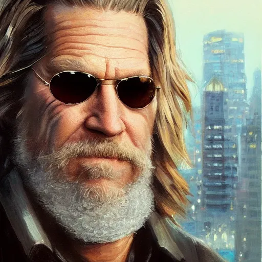 Prompt: closeup portrait of jeff bridges as the dude, dramatic lighting, city background, chiaroscuro, high detail, painted by greg rutkowski, painted by igor kieryluk, painted by bobby chiu, trending on artstation