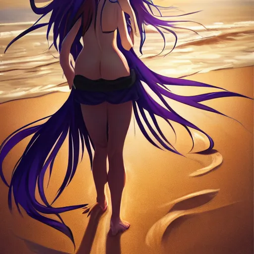 Image similar to anime style, vivid, expressive, full body, 4 k, painting, a cute magical woman with a long wavy black hair at beach, stunning, realistic light and shadow effects, centered, simple background, ikki tousen, studio ghibly makoto shinkai yuji yamaguchi