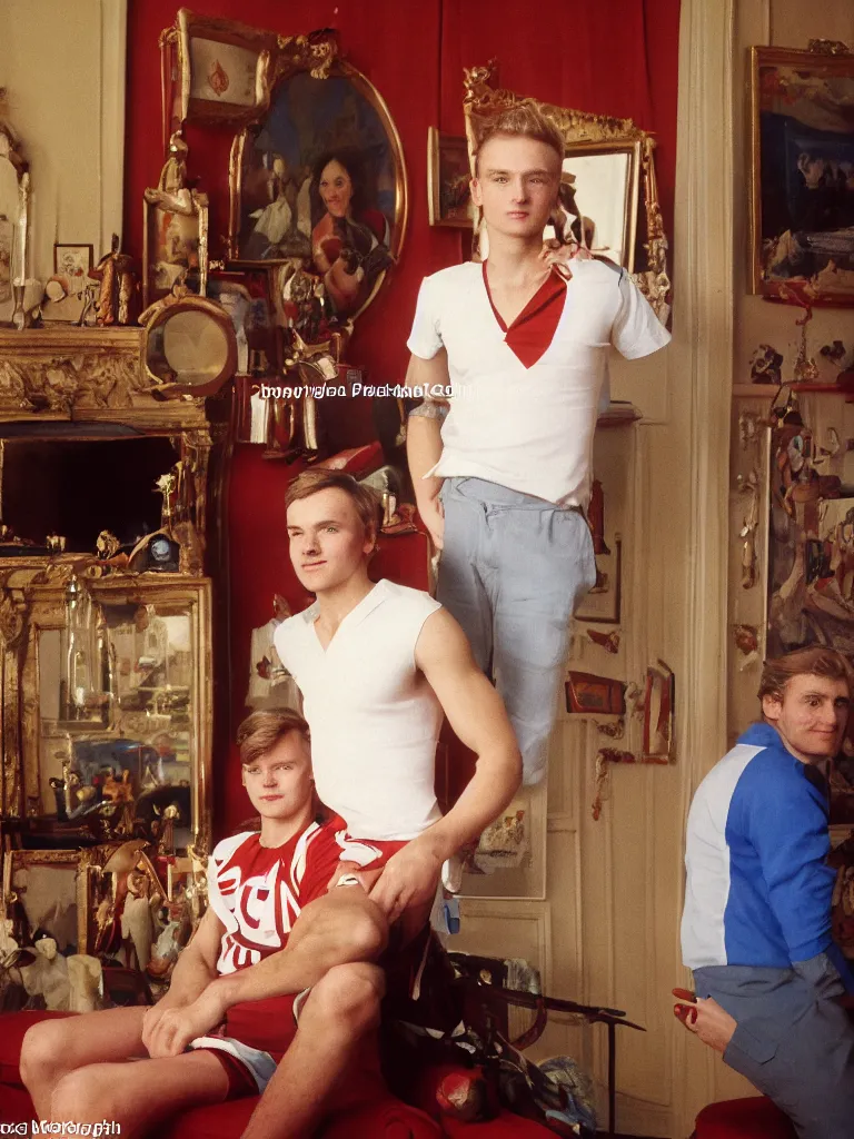 Image similar to olympic russian athlete young man posing in his living room, his grandparents are sitting on the coach behind him, kodachrome photograph by Russian painter master, oil on canvas, 1987.