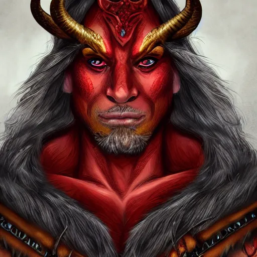 Image similar to dnd style portrait of a tiefling, male, red scales, red skin, a big black beard, completely golden eyes, 2 black ram horns growing out of his forehead,