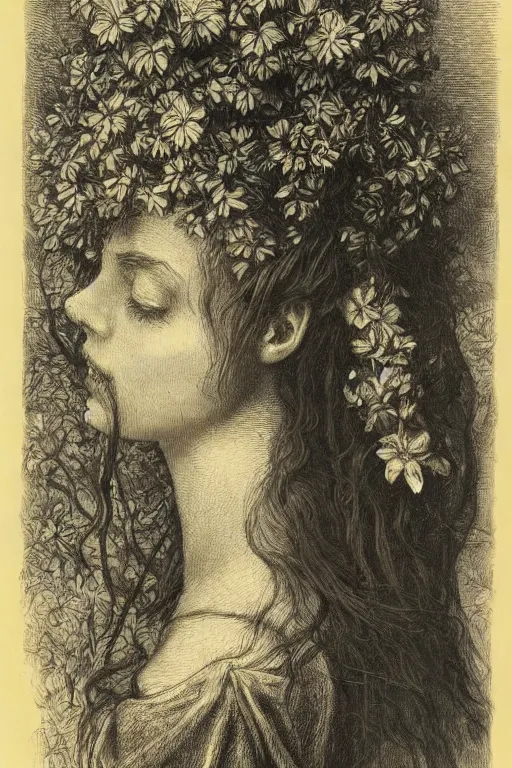 Image similar to extreme close-up portrait of a beautiful french woman from behind with flower in the head, forest background, Gustave Dore lithography