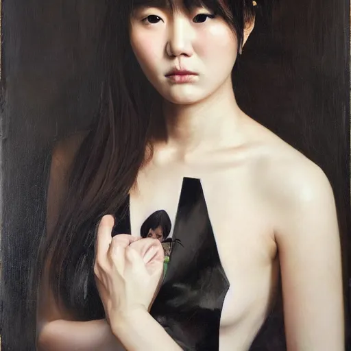 Prompt: portrait of a beautiful korean girl with long hair and bangs wearing a tuxedo an angry expression, oil on canvas, elegant pose, masterpiece, Jonathan Yeo painting