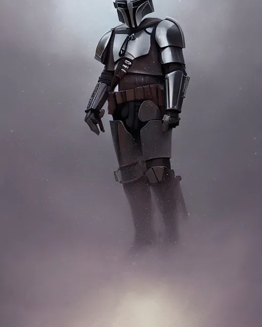 Prompt: Hyper realistic painting of a man in a suit of full plate armor, armor from the mandalorian, dark fantasy, fantasy armor, hyper detailed, by greg rutkowski, surrounded by dark fog, trending on artstation