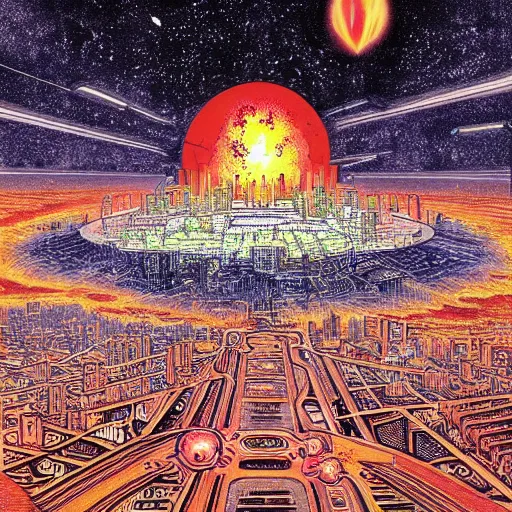 Prompt: nuclear explosion in a futuristic city by Kentaro Miura, psychedelic