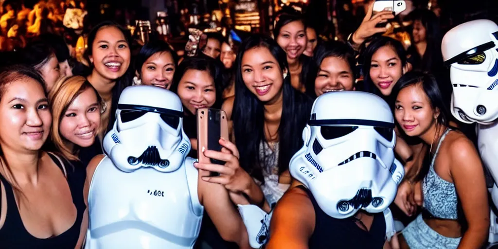 Image similar to storm trooper taking a selfie with a group of girls at a bar in bangkok thailand at night