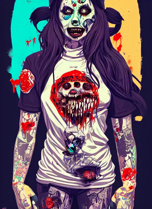 Image similar to zombie full body girl modeling hiphop streetwear drip, tristan eaton, victo ngai, artgerm, rhads, ross draws