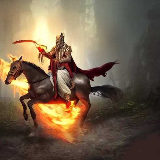 Prompt: epic wizard riding a horse into the gates of hell, holding a shotgun, realistic concept art