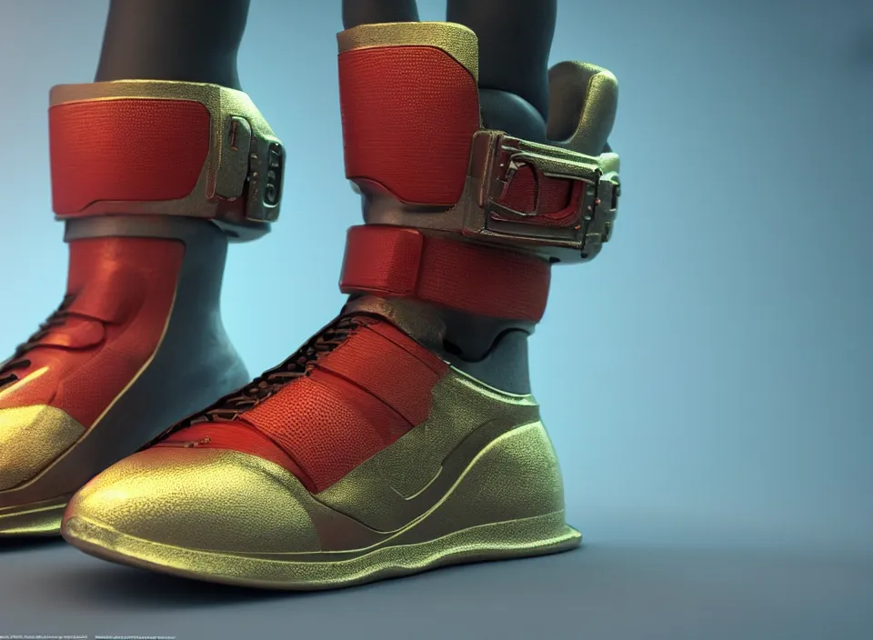 Image similar to realistic 3 d render of a cyberpunk android sneaker, beautiful studio lighting, soft, sharp focus, neon cyberpunk highlights, intricate detail, gold and red metal, soft rubber, textured plastic, octane render, side view, close up, trending on artstation, deviantart, bauhaus