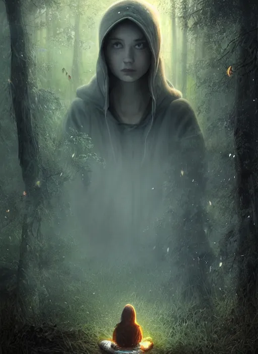 Image similar to portrait, stunningly beautiful girl wearing a hoodie, sits in a mystical misty forest, reading under a tree, fireflies and fairies, dramatic lighting, cinematic, establishing shot, extremly high detail, foto realistic, cinematic lighting, post processed, concept art, artstation, matte painting, style by eddie mendoza, raphael lacoste, alex ross