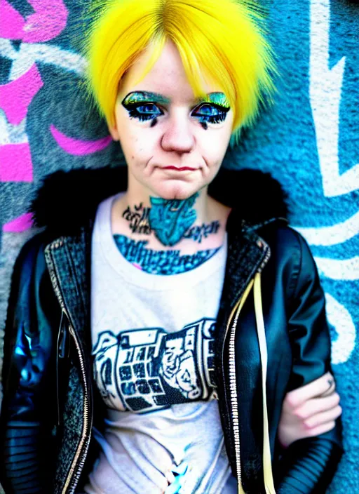 Image similar to highly detailed portrait of a city punk lady student, blue eyes, hoodie, white hair by al feldstein, gradient yellow, black, brown and cyan blue color scheme, grunge aesthetic!!! ( ( graffiti tag wall background ) )
