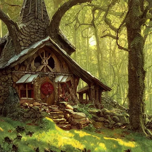 Image similar to witch cottage in the forest, art by norman rockwell and donato giancola and greg rutkowski