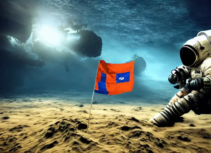 Image similar to astronaut underwater putting a flag on the sand in the bottom of the ocean. in the background, a spherical submarine is visible. dark, concept art, cinematic, dramatic, atmospheric, 8 k, trending on artstation, zack snyder