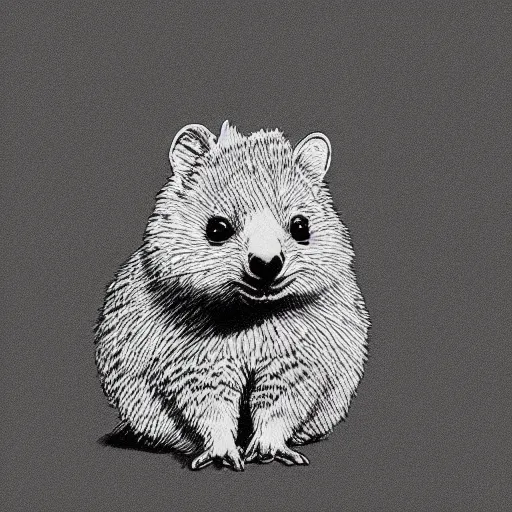 Image similar to portrait of a happy quokka, mcu, drawn with a single line, line drawing, art, minimalist, continuous line drawing, sakura pigma micron, white background, negative space,