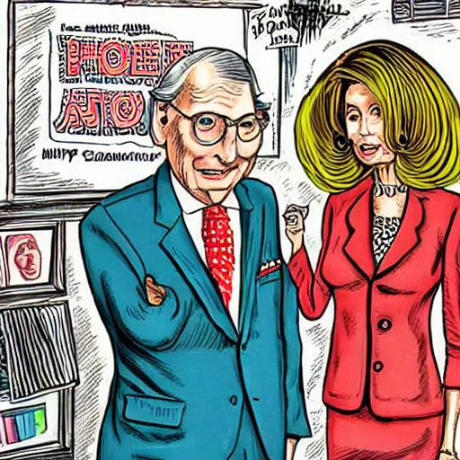 Image similar to The Artwork of R. Crumb and his Cheap Suit Mitch McConnell and Nancy Pelosi go shopping, pencil and colored marker artwork, trailer-trash lifestyle