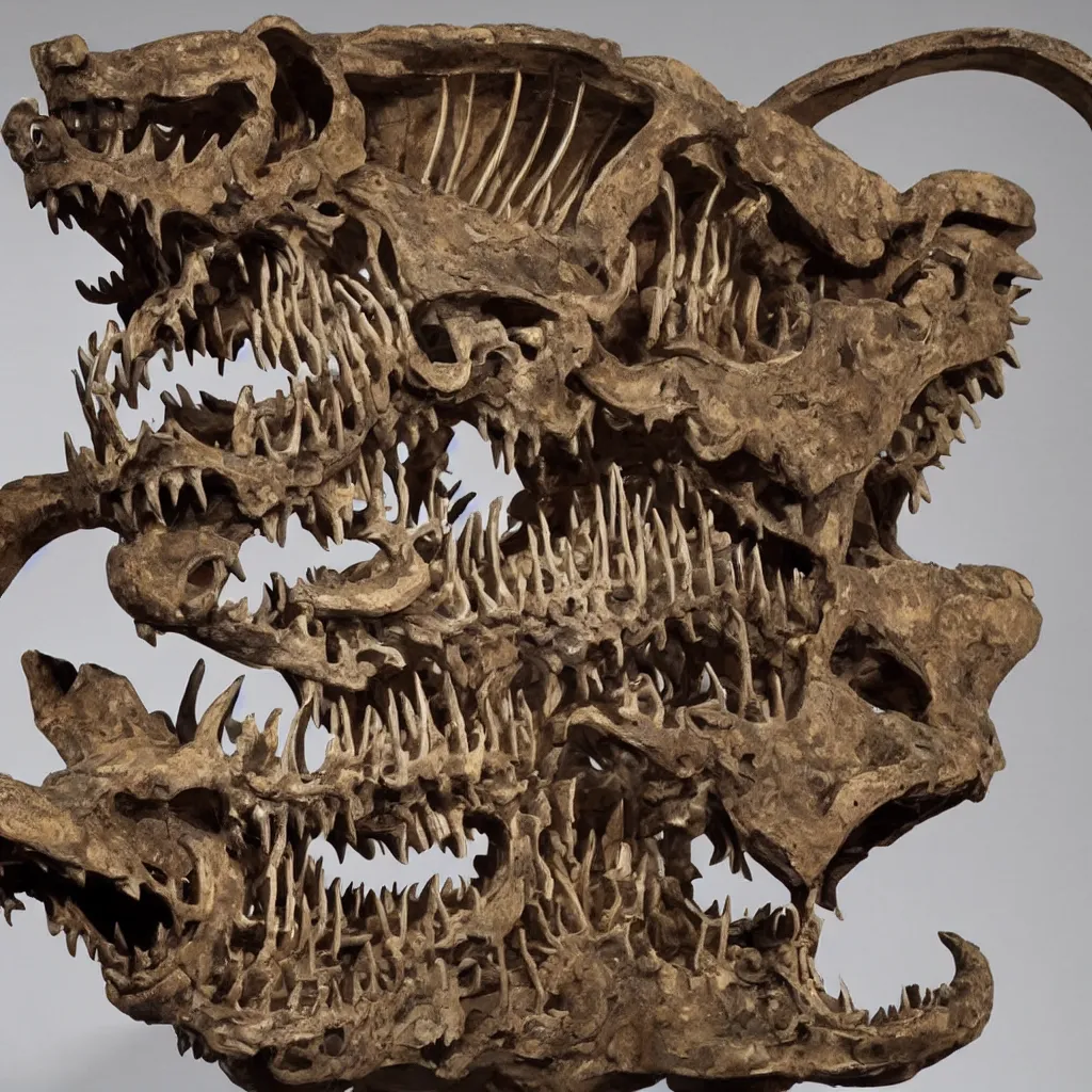 Image similar to a fossilized Chinese dragon skeleton, museum photo