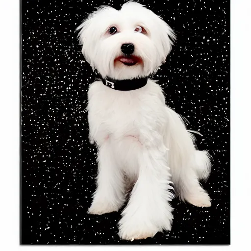 Prompt: a cream - colored havanese dog in a black and white sequined dress posing for a picture, a poster by david lachapelle, instagram contest winner, private press, tarot card, blueprint, black background