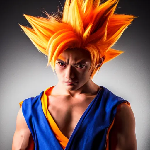 Image similar to portrait of man cosplaying as goku, studio lighting, 8k