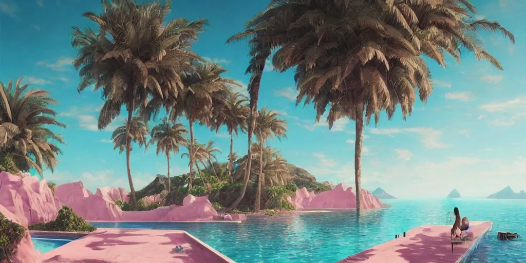 Prompt: artgem and greg rutkowski masterpiece, hyperrealistic surrealism, award winning masterpiece with incredible details, epic stunning, infinity pool, a surreal vaporwave liminal space, highly detailed, trending on ArtStation, calming, meditative, pink arches, palm trees, very vaporwave, very very surreal, sharp details, dreamscape