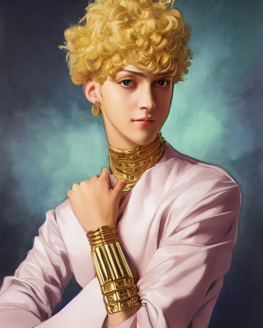 Image similar to Giorno Giovanna, oil on canvas, artstation, by J. C. Leyendecker and Edmund Blair Leighton and Charlie Bowater, octane