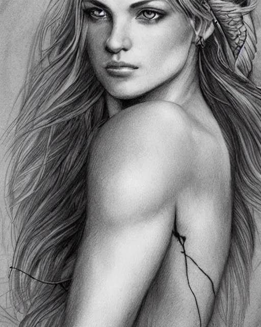 Image similar to tattoo sketch of beautiful greek goddess aphrodite, bow and arrow, beautiful piercing eyes, flowing blonde hair, realistic face, hyper realistic, in the style of greg rutkowski, fantasy, amazing detail, epic, intricate, elegant, smooth, sharp focus