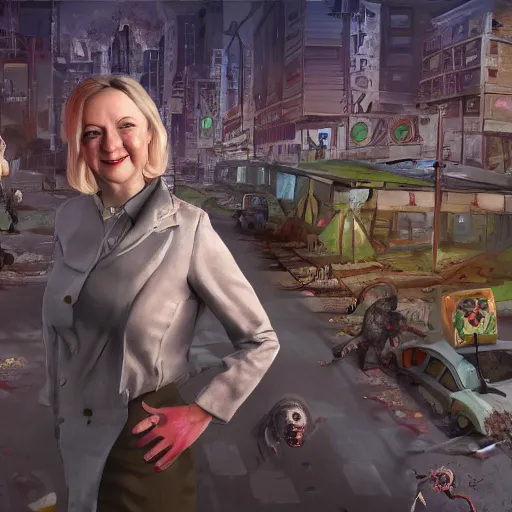 Image similar to painting of liz truss in racoon city full of zombies, hd, 4 k, 8 k artstation,