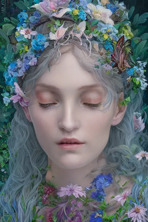 Image similar to a portrait of a beautiful elvish goddess with flowers in her hairs , fairy-like , 8k, highly detailed, sharp focus, ethereal clothes, astral environment, in style of Anna Dittmann and Mark Arial and Artgerm and Gerald Brom