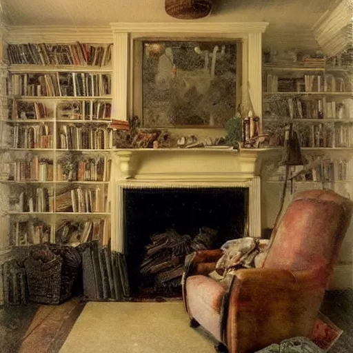 Image similar to (((((((knome house living room with blazing fireplace with books))))))) . muted colors. by Jean-Baptiste Monge !!!!!!!!!!!!!!!!!!!!!!!!!!!!!!!!!!!!!!!! ((((((((((((((((((watercolor sketch))))))))))))))))))