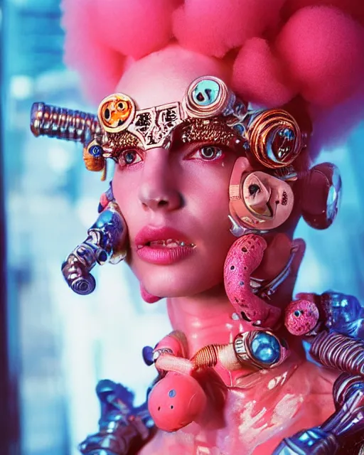 Prompt: natural light, soft focus portrait of a cyberpunk anthropomorphic coral with soft synthetic pink skin, blue bioluminescent plastics, smooth shiny metal, elaborate ornate head piece, piercings, skin textures, by annie leibovitz, paul lehr