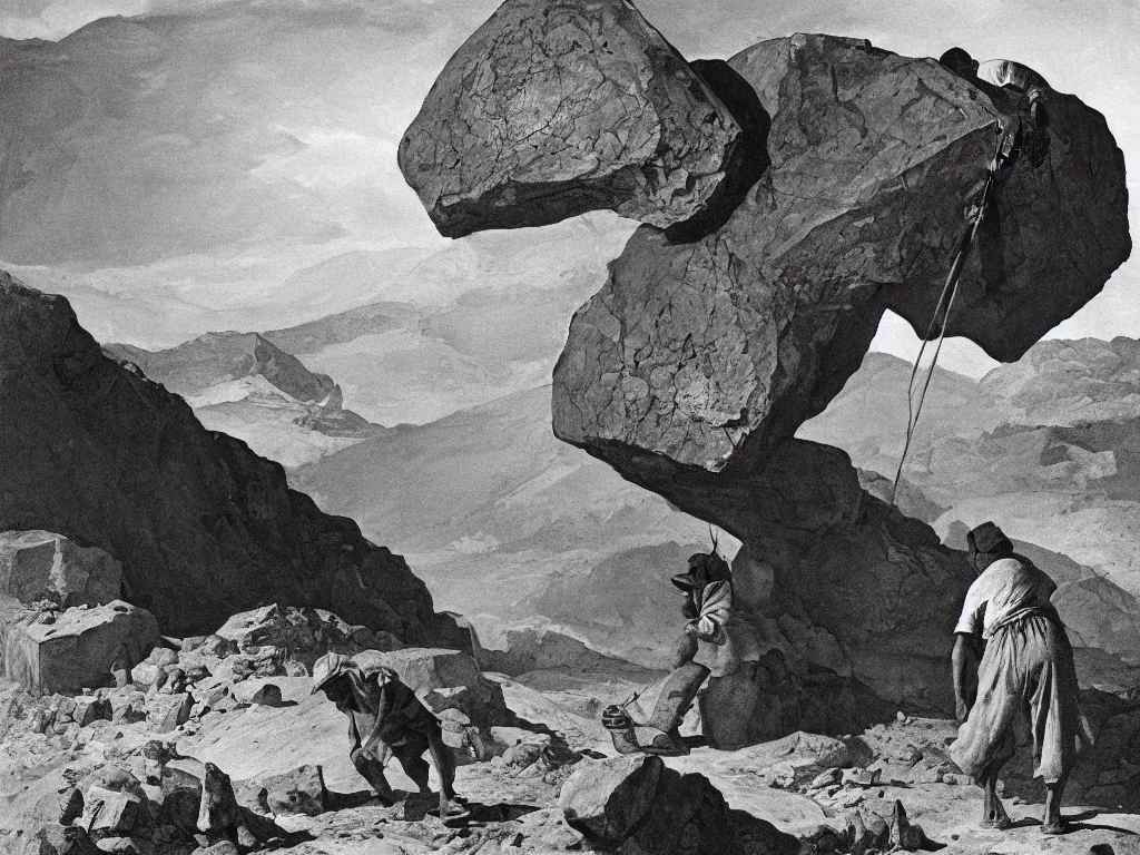 Image similar to Worker of the gold mines pushing a boulder. Night. Painting by Georges de la Tour, Sebastiao Salgado