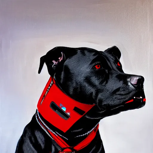 Image similar to painting of a black cyborg pitbull lab wearing thin red dog - collar, hyper detailed, robot, wires, lights, thin brush strokes, oil painting