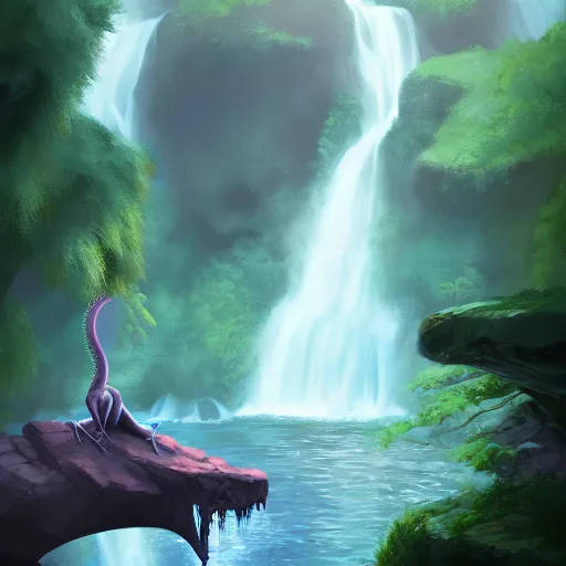 Image similar to beautiful photoshop commission of a slender dragon relaxing by a waterfall, digital painting, artstation, art by Jaime Jones