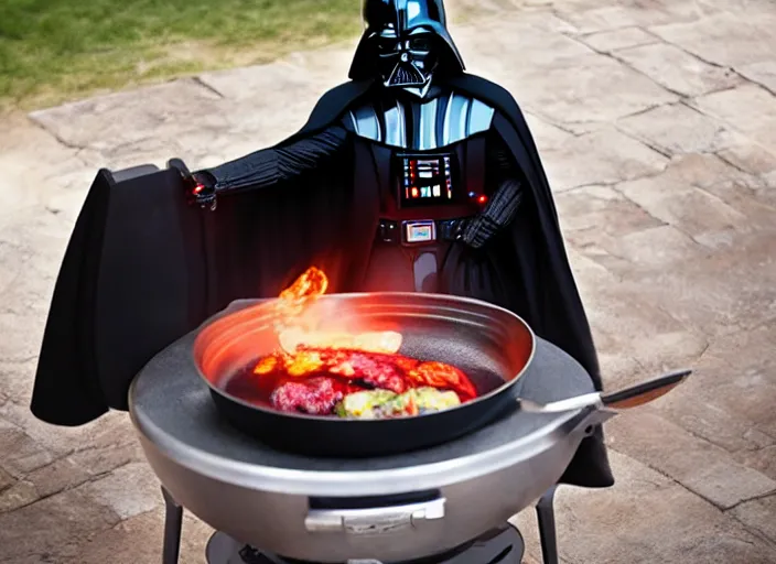 Image similar to film still of Darth Vader cooking on an outdoor grill in the new Star Wars movie, 4k