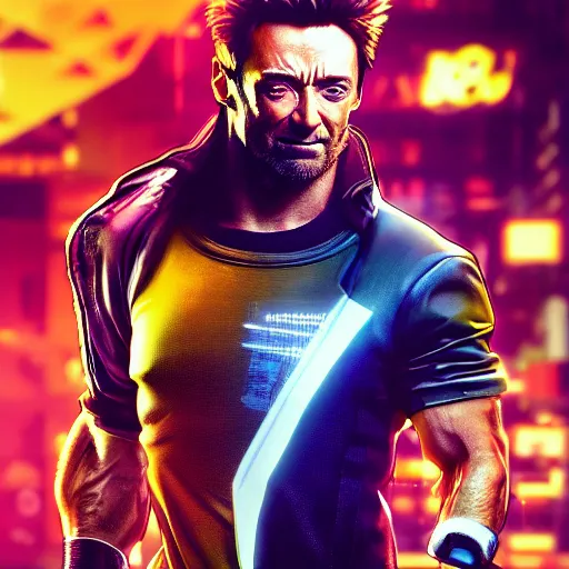 Image similar to hugh jackman portrait, cyberpunk 2 0 7 7, cyberpsycho, photorealistic, ultra detailed, neon, octane rendered, bokeh, cinematic lighting, cyber, cyberpunk city, studio quality, feature, scars, cyberface, 8 k