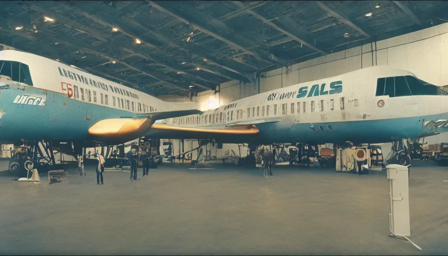 Image similar to 60s movie still of an empty boeing, cinestill 800t 50mm eastmancolor, liminal Space style, heavy grain